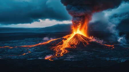 A dramatic eruption of a volcano with lava flowing down the sides and ash clouds billowing into the sky, set against a dark, moody background.の素材