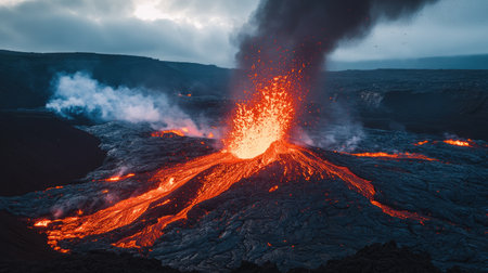 A dramatic eruption of a volcano with lava flowing down the sides and ash clouds billowing into the sky, set against a dark, moody background.の素材