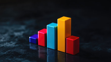 A dynamic D bar graph with colorful segments rising sharply against a dark background, symbolizing impressive business growth and financial success.の素材