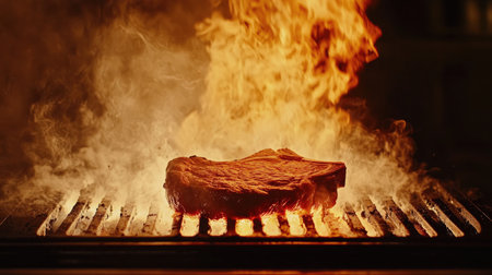 A dramatic shot of a sizzling steak being flipped on a hot grill, with flames and smoke adding excitement to the cooking process, capturing the essence of grilling.の素材