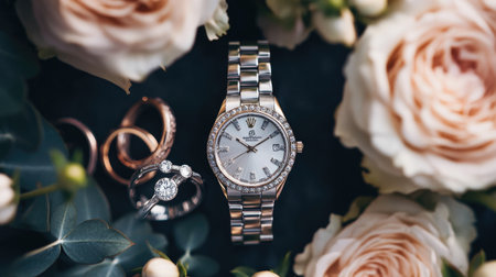 A luxurious flat lay of a diamond watch, rings, and a bouquet of fresh flowers, illustrating the perfect combination of elegance and style for a special occasion.の素材