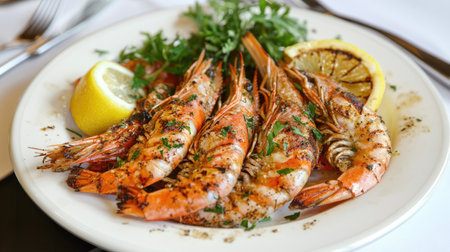 A plate of perfectly grilled shrimp with a garnish of fresh greens and a slice of lemon, capturing the delicious, ready-to-eat presentation.の素材
