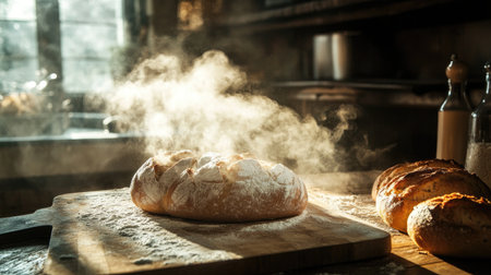 A picturesque shot of freshly baked bread coming out of the oven, with steam wafting up and a rustic kitchen setting, capturing the essence of baking at home.の素材