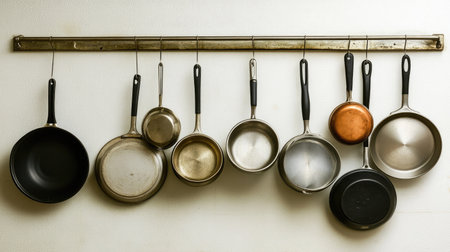 A neatly organized kitchen with a hanging rack displaying various pots and pans, showcasing efficient kitchen storage and easy access.の素材