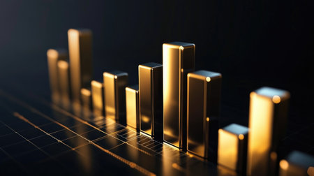 A D bar chart with metallic bars increasing steadily, set against a dark background, illustrating financial growth and economic trends.の素材