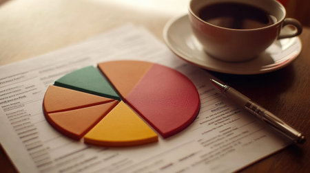 A close-up of a pie chart in a financial report, with each segment clearly labeled and color-coded, displayed on a desk with a cup of coffee and a pen.の素材
