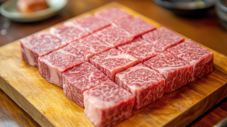 A close-up shot of marbled beef cuts on a wooden cutting board, highlighting the quality and texture of the meat, perfect for steak enthusiasts and chefs.の素材