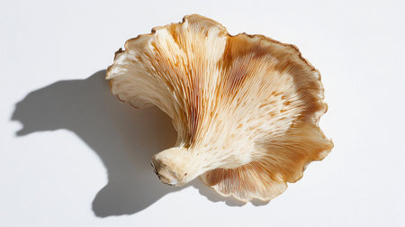 A single Eringi mushroom lying on a white background, with a shadow cast to show its three-dimensional form and natural contours.の素材