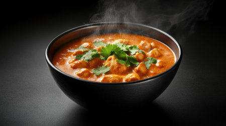 A steaming bowl of Chicken Tikka Masala with tender chicken pieces in a rich, creamy sauce, garnished with fresh cilantro and served with naan bread.の素材