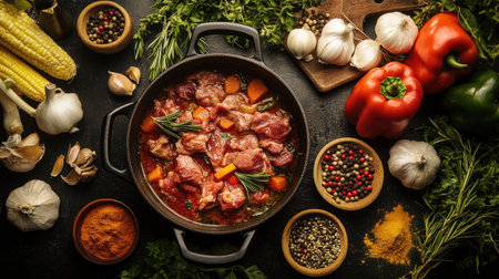 A step-by-step cooking process, with ingredients being added to a pot, including spices, vegetables, and meat, highlighting the preparation of a flavorful dish.の素材