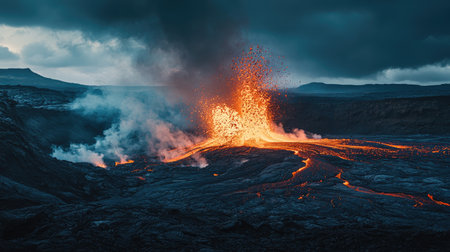 A powerful eruption of a volcano with a burst of lava and ash, set against a darkened sky, highlighting the dramatic natural event.の素材