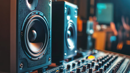 A professional audio setup with large floor-standing speakers and an audio mixer, showcasing a high-end music or broadcasting environment.の素材