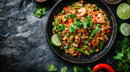 A plate of Thai fried rice khao pad with vegetables, chicken or shrimp, and garnished with fresh cilantro and lime, highlighting its vibrant colors.の素材