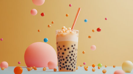 A playful shot of a person taking a sip of bubble tea through a large straw, with tapioca pearls floating to the surface, capturing the fun experience of drinking bubble tea.の素材