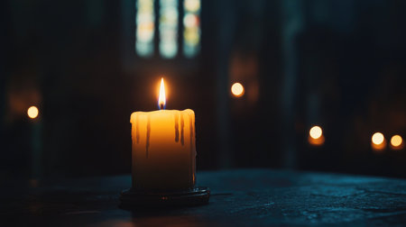 A single candle burning in a dark room, with its flame creating a dramatic and peaceful contrast against the surrounding shadows.の素材