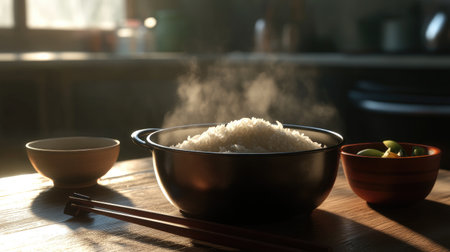 A steaming pot of rice on a wooden table, with chopsticks and a bowl nearby, showcasing traditional Asian dining culture and the importance of rice in meals.の素材