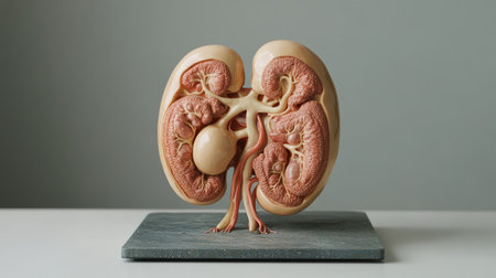 A realistic model of the human kidneys and bladder, showing their shape and position within the body, displayed on a clean background.の素材