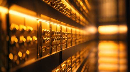 A row of gold bars neatly arranged in a vault, with soft lighting highlighting their metallic luster, symbolizing financial security and stored wealth.の素材