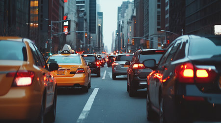 A street view of traffic congestion with cars bumper-to-bumper and honking horns, showing the frustration of drivers in a city setting, against a simple white background.の素材