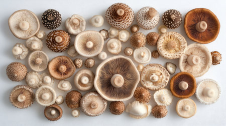 A top view of Eringi mushrooms arranged in a pattern on a white surface, showcasing their varying sizes and textures in an organized display.の素材