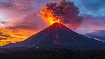 A volcano erupting in the foreground with a backdrop of a twilight sky, illuminated by the bright orange and red glow of molten lava and ash clouds.の素材
