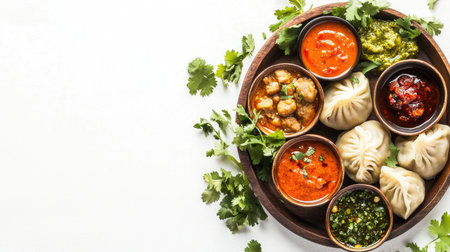 A traditional Indian momo platter with dumplings filled with spiced meat or vegetables, served with a variety of chutneys and garnished with fresh cilantro, against a white background.の素材