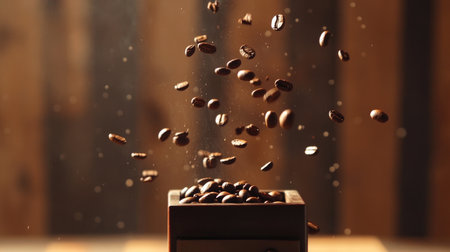 Coffee beans falling into a manual grinder, captured mid-air, with soft natural light highlighting the smooth, glossy texture of the beans against a wooden backdrop.の素材
