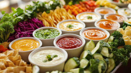 A vibrant spread of traditional Thai dipping sauces, including various types of , beautifully arranged with fresh vegetables and crispy snacks, showcasing a feast for the senses.の素材