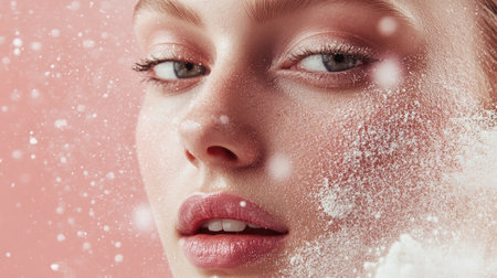 An action shot of a powder puff in use, applying makeup to a model's face with a focus on the puff and the texture of the foundation, set against a clean backdrop.の素材