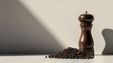 An elegant arrangement of whole black peppercorns and a polished pepper grinder on a white surface, highlighting their role as essential kitchen staples.の素材