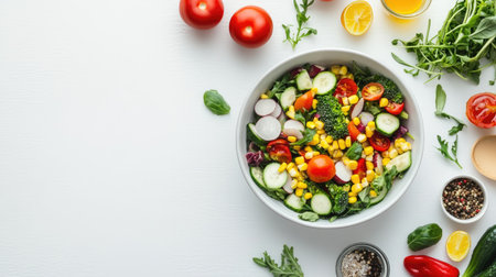 An elegant image of a fresh corn salad with chopped vegetables and a light dressing, arranged in a bowl on a white table, emphasizing healthy eating.の素材