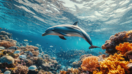 A captivating underwater view of a dolphin gliding smoothly through a school of fish, with vibrant coral reefs and sea life in the background.の素材