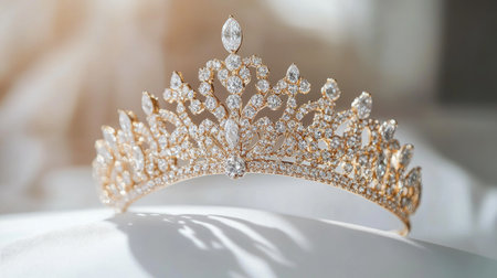 An artistic shot of a diamond-studded tiara placed on a white surface, capturing the grandeur and intricate details of the sparkling jewels.の素材