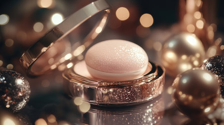 An elegant close-up of a powder puff in its case, surrounded by shimmering cosmetic products and soft-focus lighting to emphasize luxury and beauty.の素材