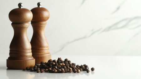 An elegant arrangement of whole black peppercorns and a polished pepper grinder on a white surface, highlighting their role as essential kitchen staples.の素材