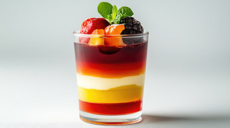 An elegant image of a layered jelly dessert in a clear glass, featuring multiple colors and textures, with a focus on the clean, crisp presentation against a white backdrop.の素材