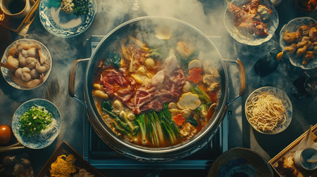 An overhead view of a hot pot filled with a variety of ingredients like meat, vegetables, and noodles, with steam rising and a cozy dining setup around it.の素材