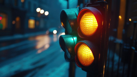 A close-up of a traffic light showing all three signalsの素材