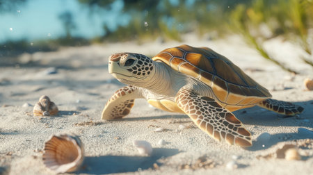 An elegant image of a sea turtle moving slowly across a sandy seabed, surrounded by a few scattered seashells and marine vegetation.の素材