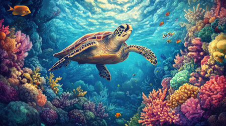 An underwater shot of a sea turtle swimming among colorful coral reefs and tropical fish, showcasing the vibrant marine life and the turtle's serene movements.の素材
