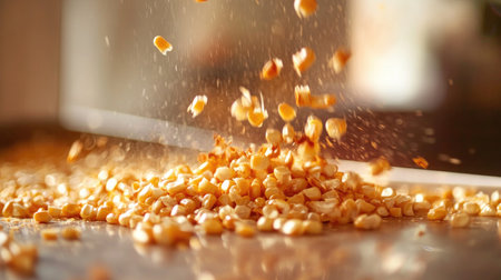 A detailed close-up of corn kernels being removed from the cob, with a focus on the texture and color of the kernels, set against a clean kitchen counter.の素材