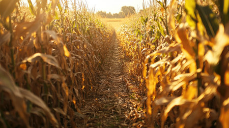 A close-up of a corn maze from above, with pathways carved into the tall corn stalks, highlighting a fun outdoor activity and the beauty of agricultural landscapes.の素材