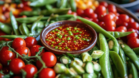 A close-up of a vegetable platter featuring a selection of fresh, crisp veggies like snap peas and cherry tomatoes, with a bowl of vibrant chili paste in the center.の素材