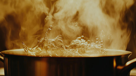 A close-up of a pot on the stove with water rapidly boiling, with steam rising and bubbles visibly breaking the surface of the hot liquid.の素材