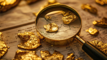 A close-up of a printed gold price chart with historical data and price fluctuations, with a magnifying glass highlighting specific trends and figures.の素材