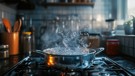 A detailed image of a pot of water boiling on a stovetop, with the focus on the bubbles and steam, and kitchen elements like spice jars and cooking tools in the background.の素材