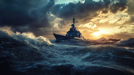 A dramatic shot of a large military ship patrolling the ocean, with a powerful silhouette against a stormy sky and turbulent waves creating a sense of motion.の素材