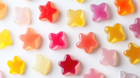 A playful arrangement of jelly desserts shaped like fun forms, such as stars and hearts, set against a white background, showcasing their bright and cheerful appearance.の素材