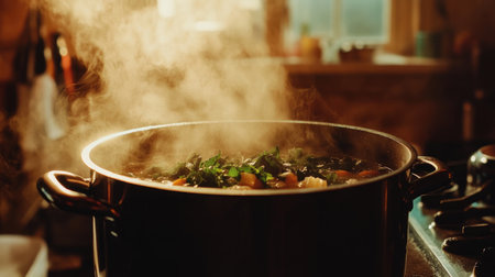 A detailed shot of a steaming pot of soup with fresh herbs and vegetables, showcasing the rich colors and textures of the cooking process in a well-lit kitchen.の素材
