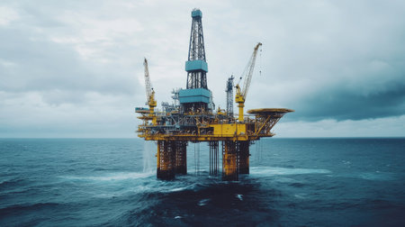 A dramatic shot of an offshore drilling rig during a storm, with dark clouds and rough seas emphasizing the challenges faced in offshore drilling operations.の素材